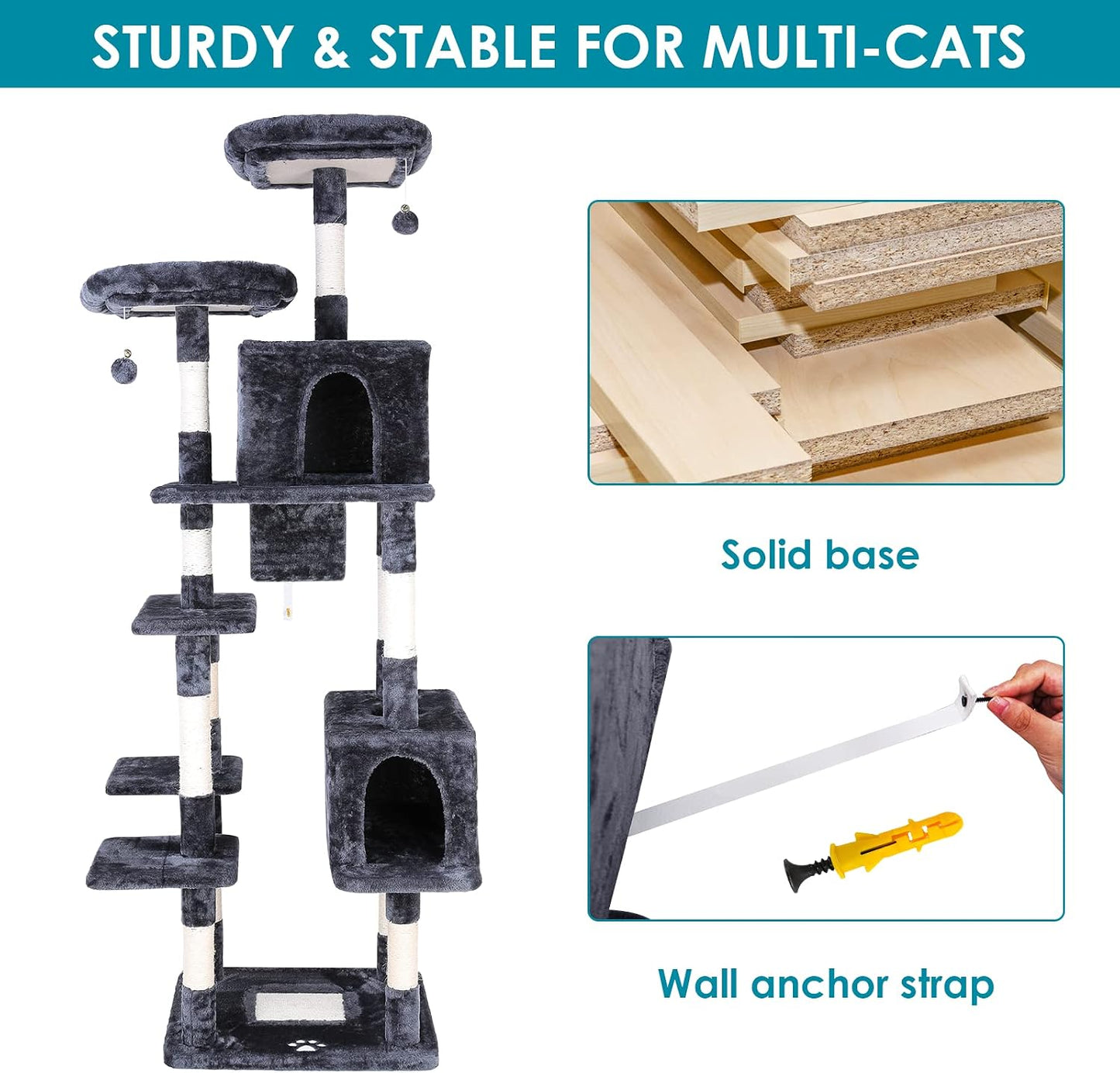 80 Inches Multi-Level Large Cat Tree, Heavy Duty Cat Tower Condo Furniture Kitten Activity Play House, with Hammock, Anti-Toppling Device & Scratching Posts Toys for Kittens & Big Cats (Grey)