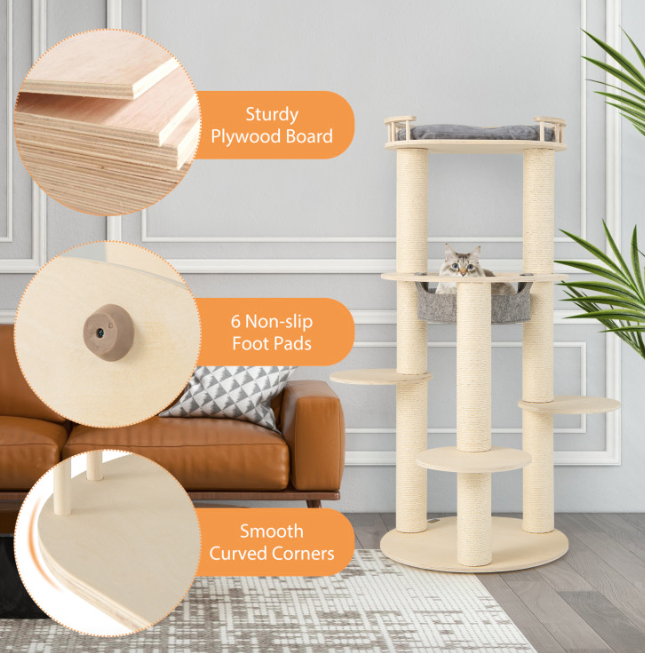5-Level Wooden Cat Tree with Padded Perch Non-Woven Hammock