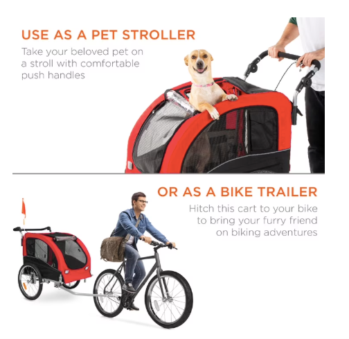 2-In-1 Dog Bike Trailer, Pet Stroller Bicycle Carrier W/ Hitch, Brakes, Visibility Flag, Reflector