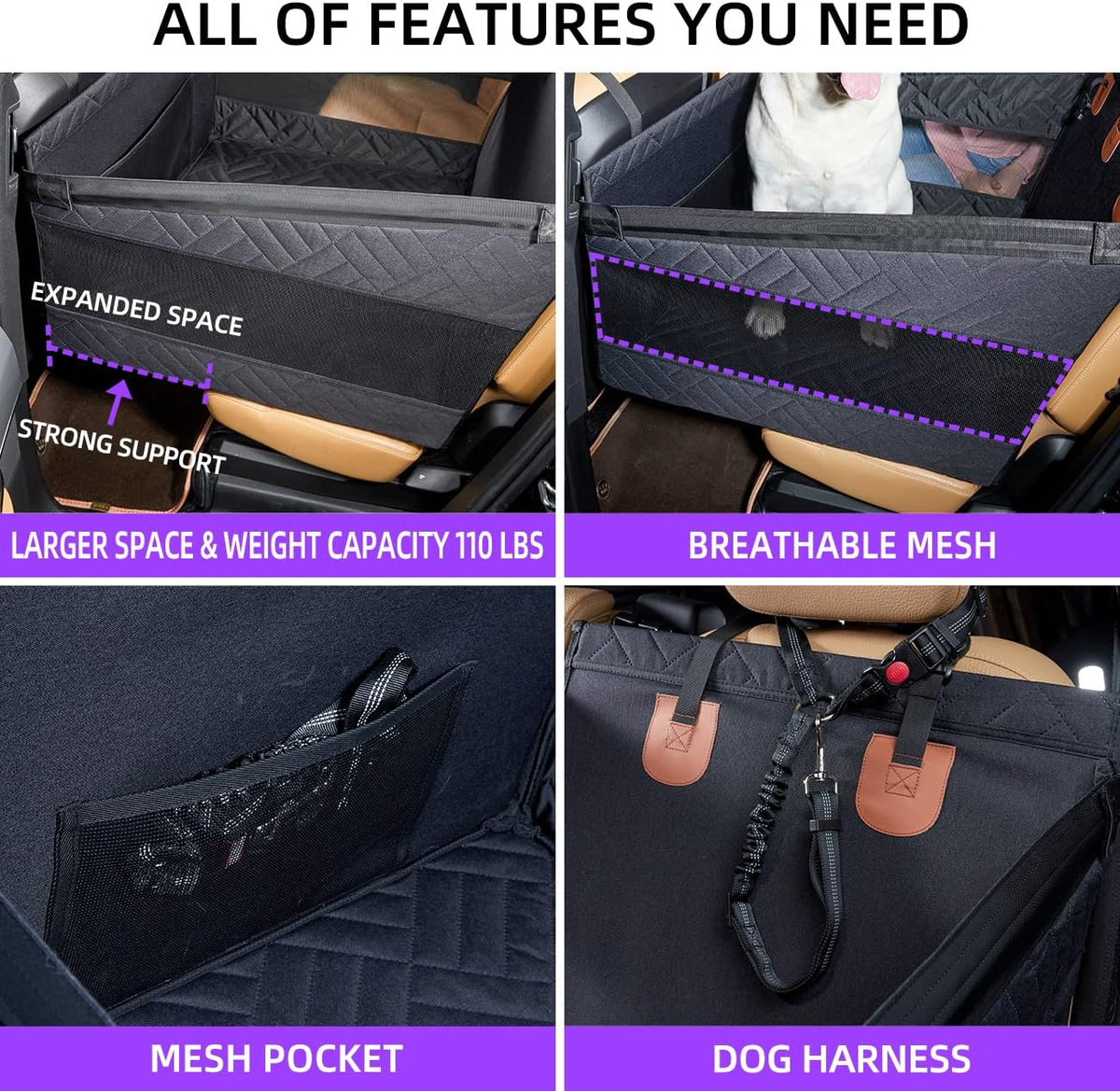Large Dog Car Seat,Back Seat Extender for Dogs,Hard Bottom Seat Cover | Waterproof,Pet Hammock Suitable for Large,Medium,Small Dogs,Pet Seats Protector for Sedan, SUV and Truck,Black-L