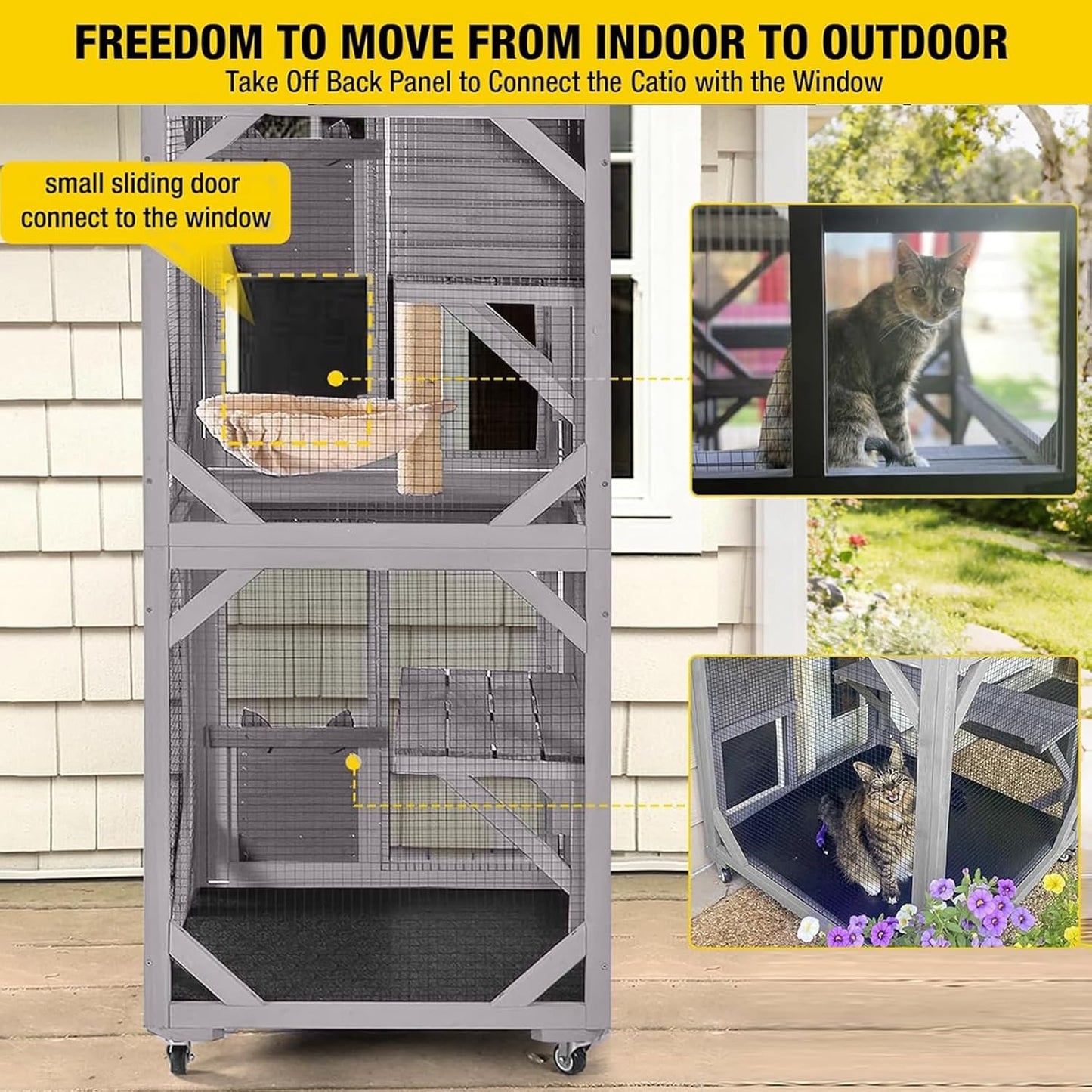 Cat House Outdoor Cat Catio Wooden Large Enclosure with Run on Wheels 70.9" Upgraded Version Catio with Reinforcement Strip,Waterproof Roof (Grey)
