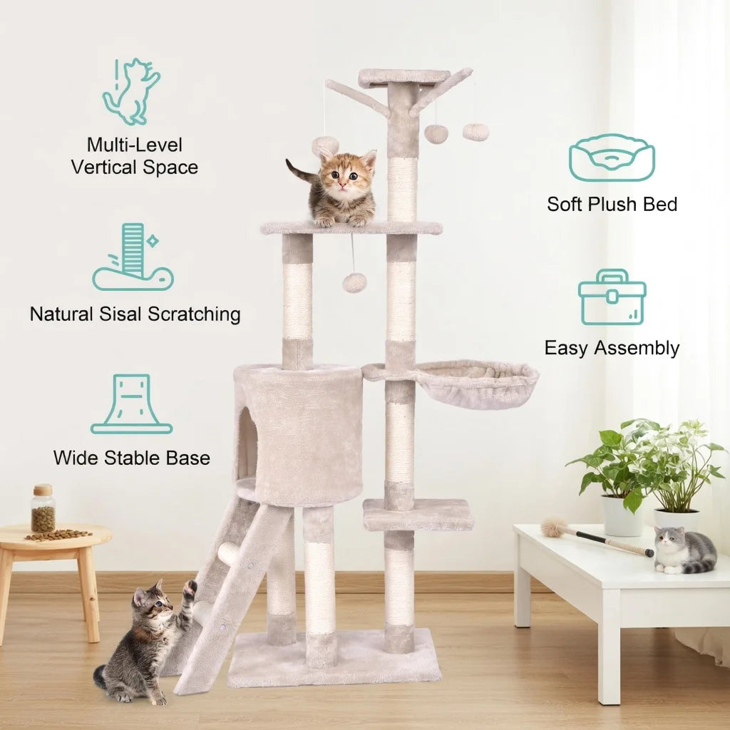 56" Cat Tree Tower for Indoor Cats with Ladder, Scratching Posts Cat Condo for Multiple Cats Jump Platform Cat Furniture Activity Center, Beige
