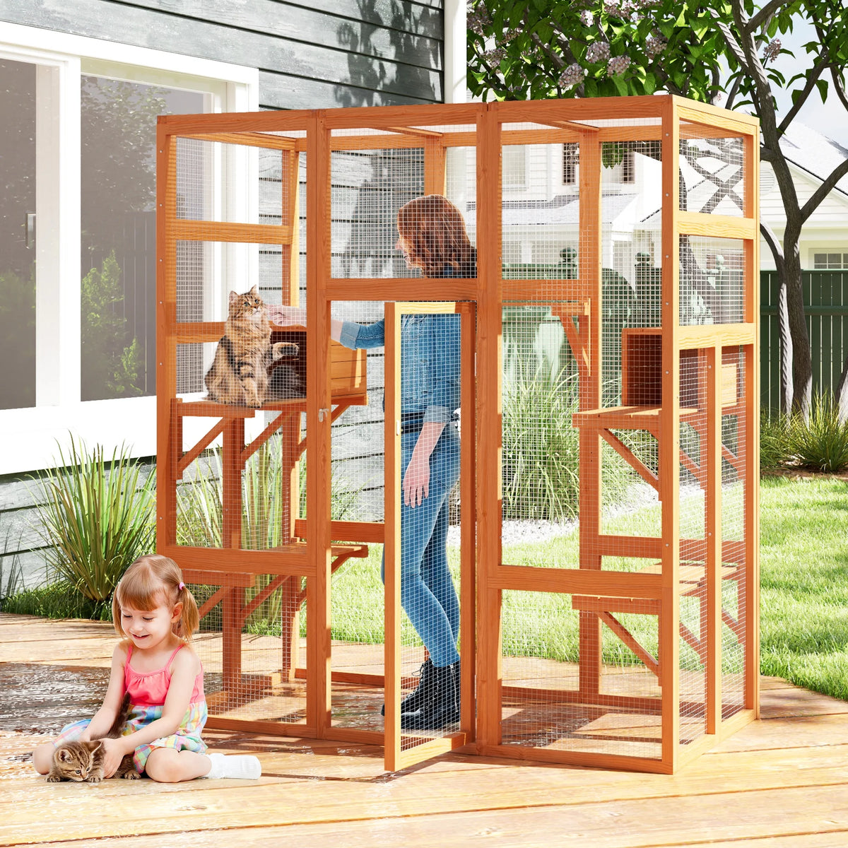 Large Catio Wooden Cat Enclosure Catio Cat Cage Outdoor Pet House Small Animal Hutch, Orange