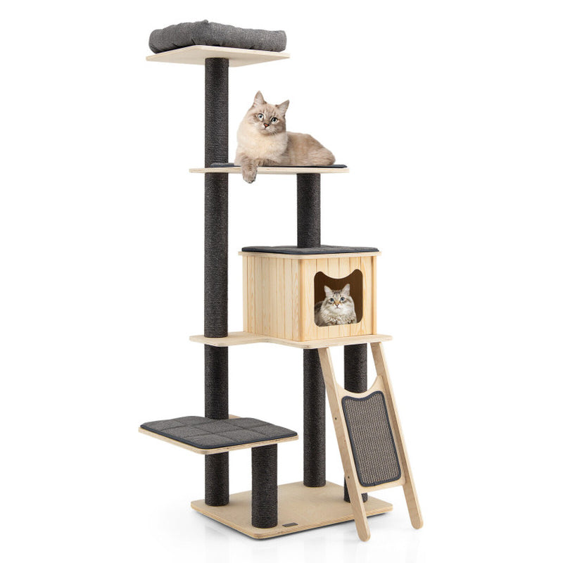 5-Tier Modern Wood Cat Tower with Washable Cushions
