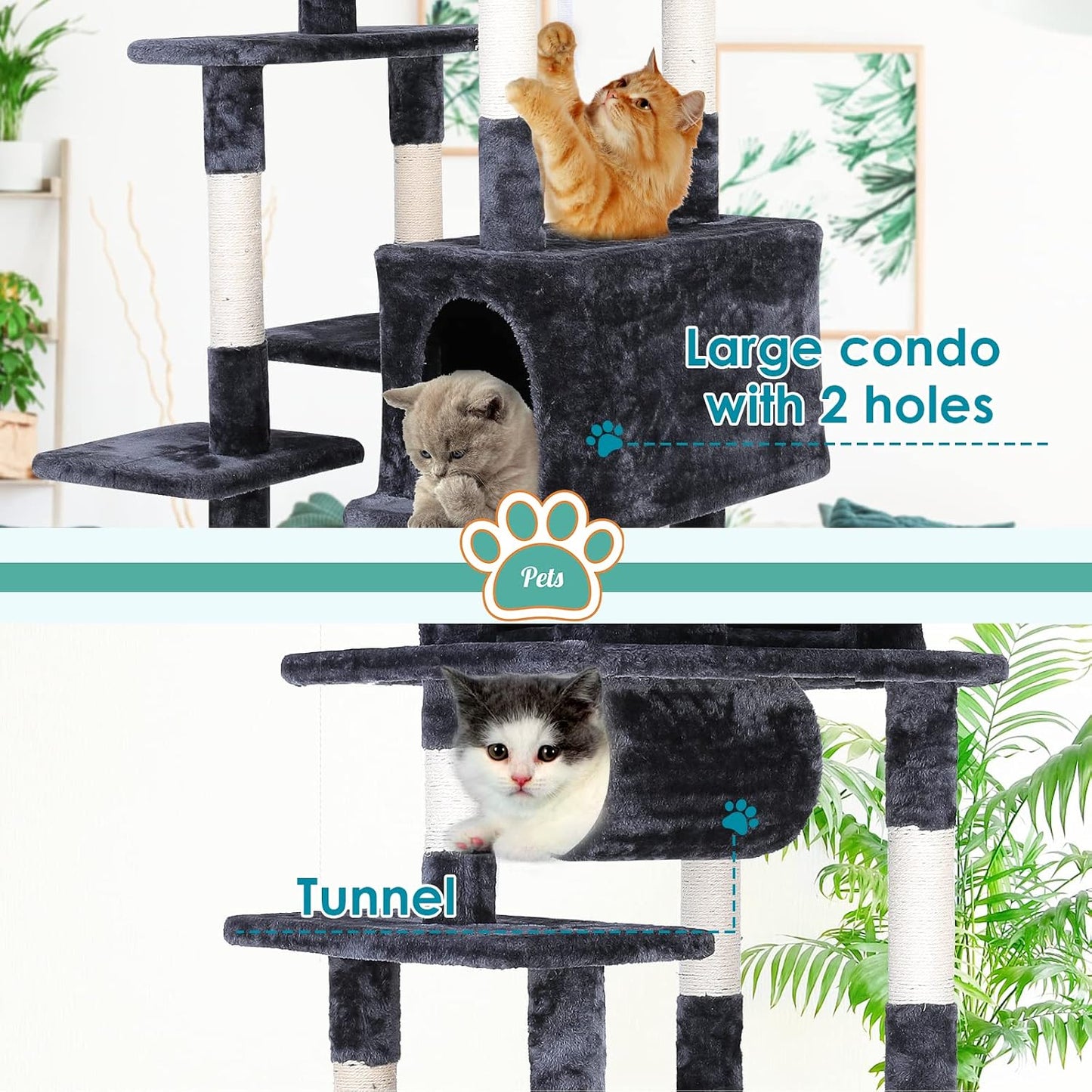 80 Inches Multi-Level Large Cat Tree, Heavy Duty Cat Tower Condo Furniture Kitten Activity Play House, with Hammock, Anti-Toppling Device & Scratching Posts Toys for Kittens & Big Cats (Grey)