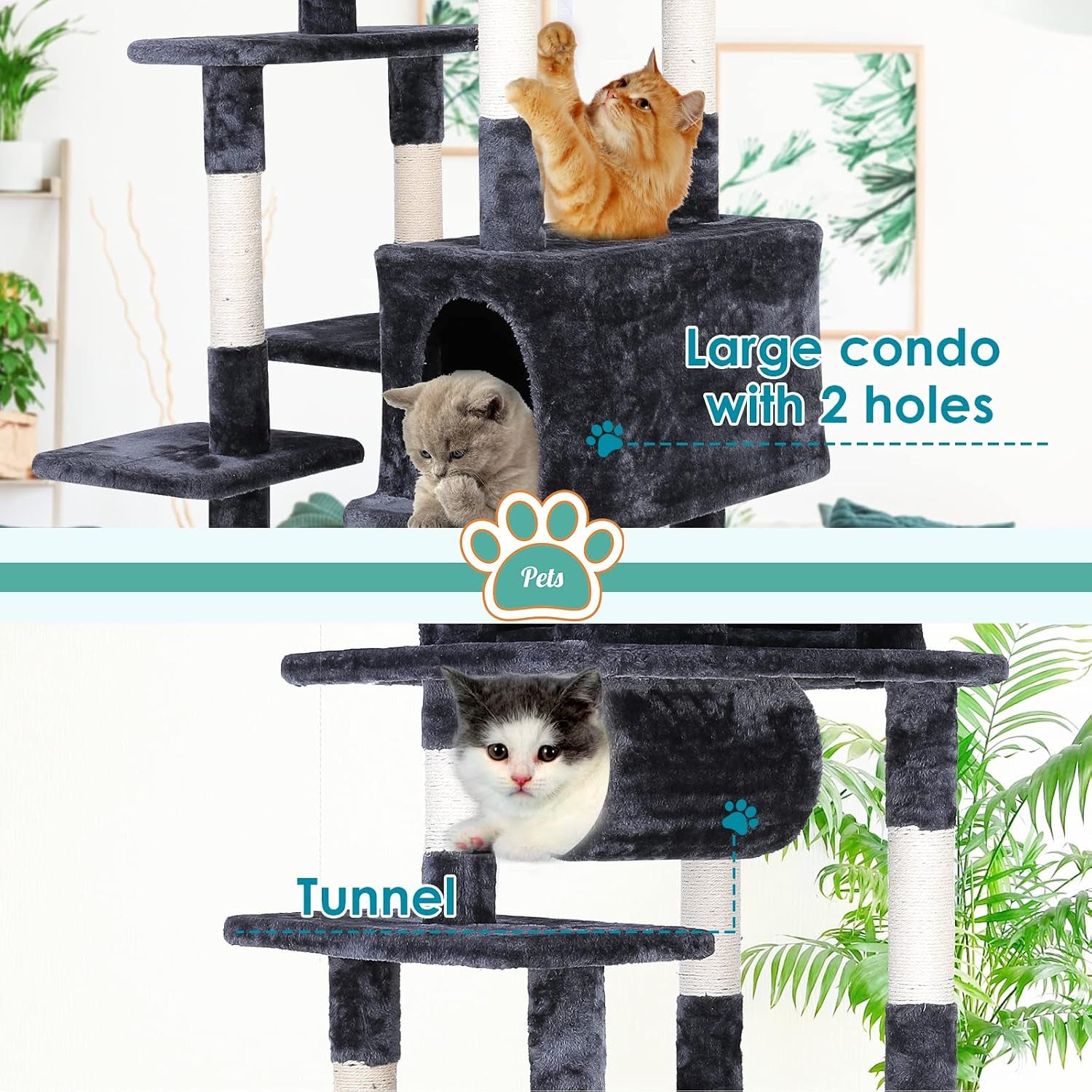 80 Inches Multi-Level Large Cat Tree, Heavy Duty Cat Tower Condo Furniture Kitten Activity Play House, with Hammock, Anti-Toppling Device & Scratching Posts Toys for Kittens & Big Cats (Grey)