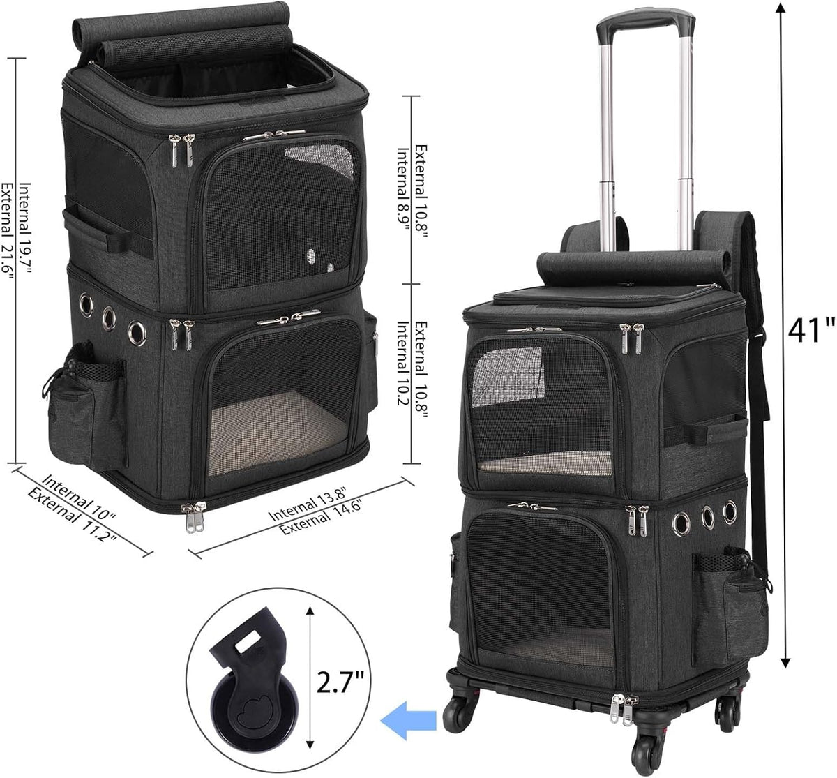 Double-Compartment Cat Carrier Backpack with Wheels for Two Pets | Pet Rolling Carrier for Smalls Cat and Dogs, Perfect for Traveling / Walking/ Vet, up to 12 Lbs Each, Black