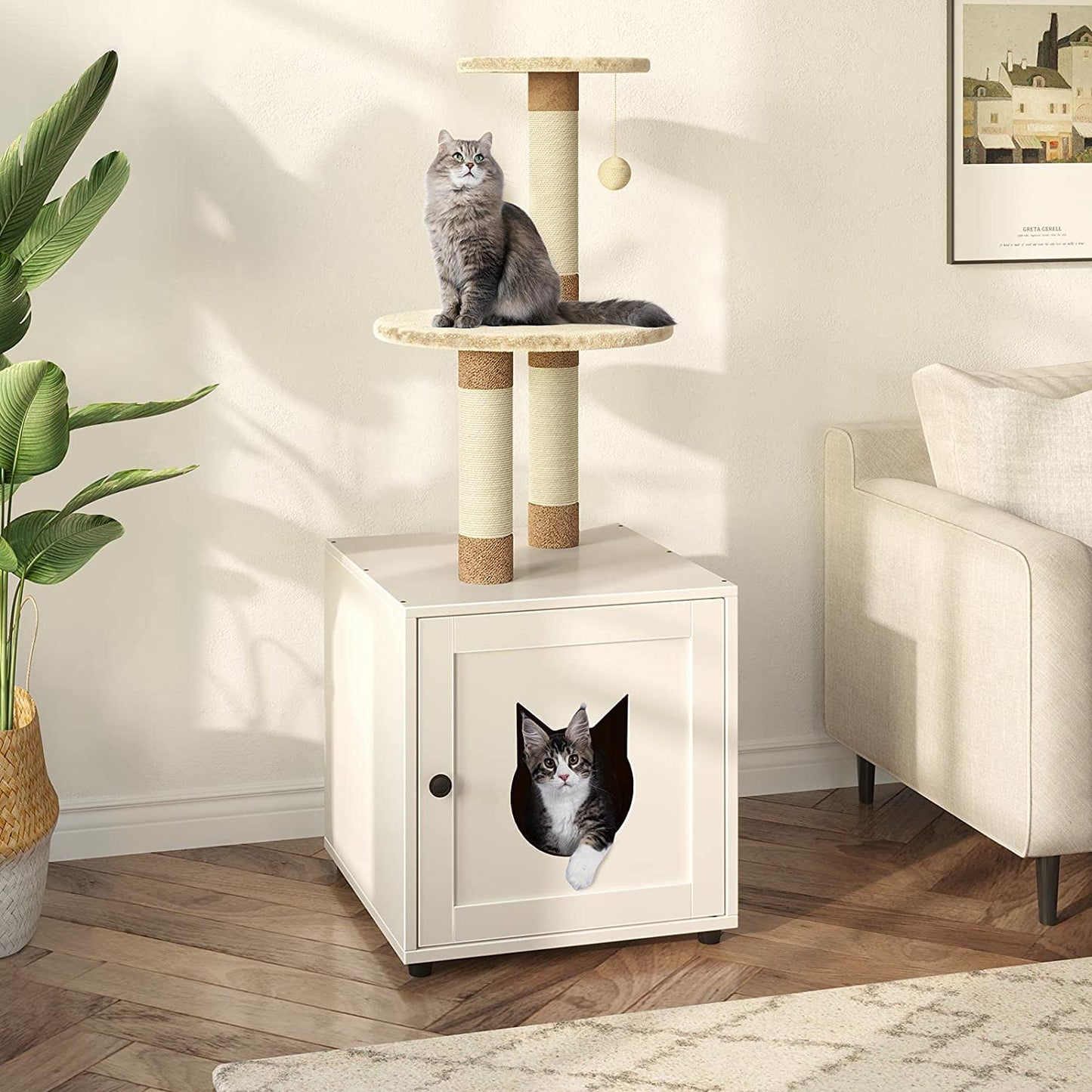 Cat Litter Box Enclosure with Litter Box Enclosure, Furniture with Tree Tower and Condo, Indoor House with Sisal Scratching Post and Soft Plush Perch, White