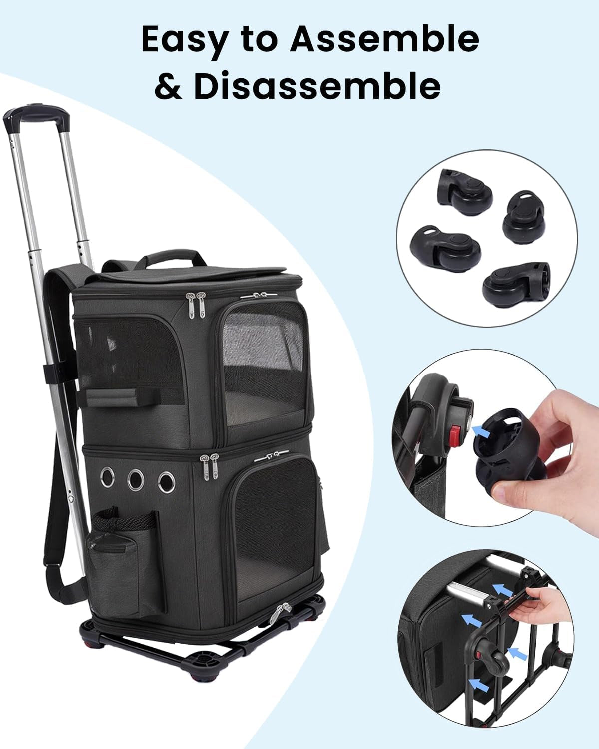 Double-Compartment Cat Carrier Backpack with Wheels for Two Pets | Pet Rolling Carrier for Smalls Cat and Dogs, Perfect for Traveling / Walking/ Vet, up to 12 Lbs Each, Black