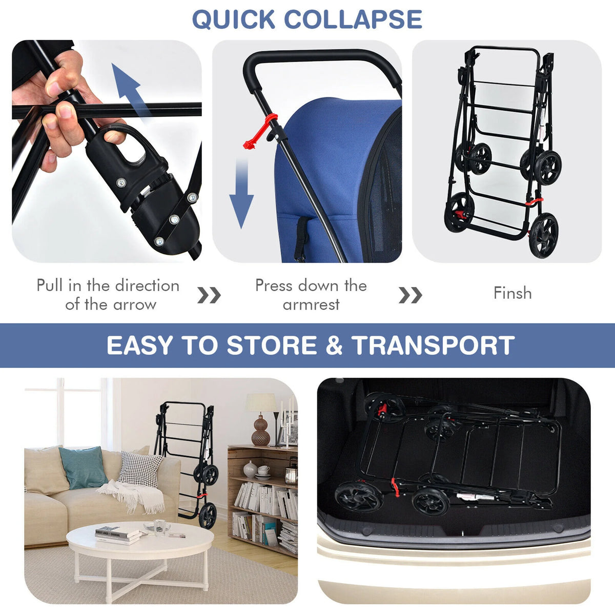 4-In-1 Double Pet Stroller W/ Detachable Carrier Travel Carriage for Cats Blue