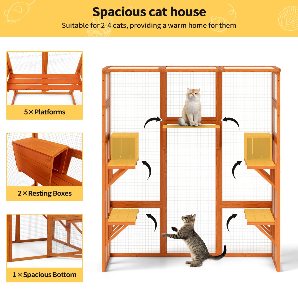 Large Catio Wooden Cat Enclosure Catio Cat Cage Outdoor Pet House Small Animal Hutch, Orange