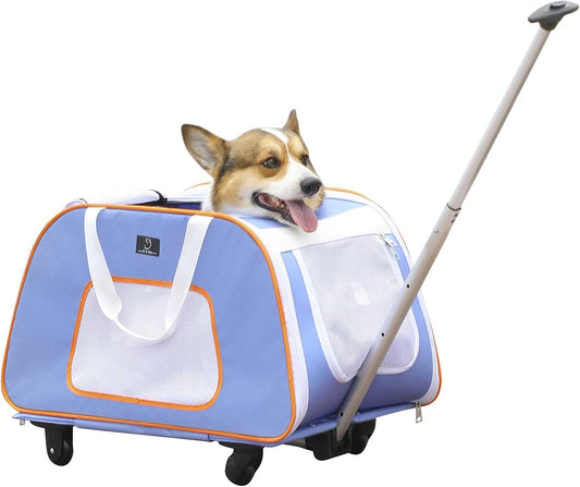 Foldable Dog Carrier on Wheels, up to 33 Lbs, Blue | Removable Base, Extendable Handle, 4-Wheel Design, Mesh Ventilation, Safety Rope