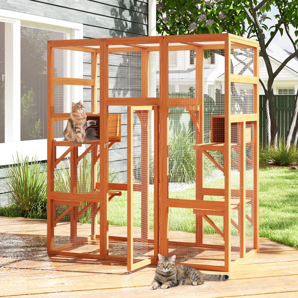 Large Catio Wooden Cat Enclosure Catio Cat Cage Outdoor Pet House Small Animal Hutch, Orange