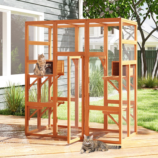 Large Catio Wooden Cat Enclosure Catio Cat Cage Outdoor Pet House Small Animal Hutch, Orange