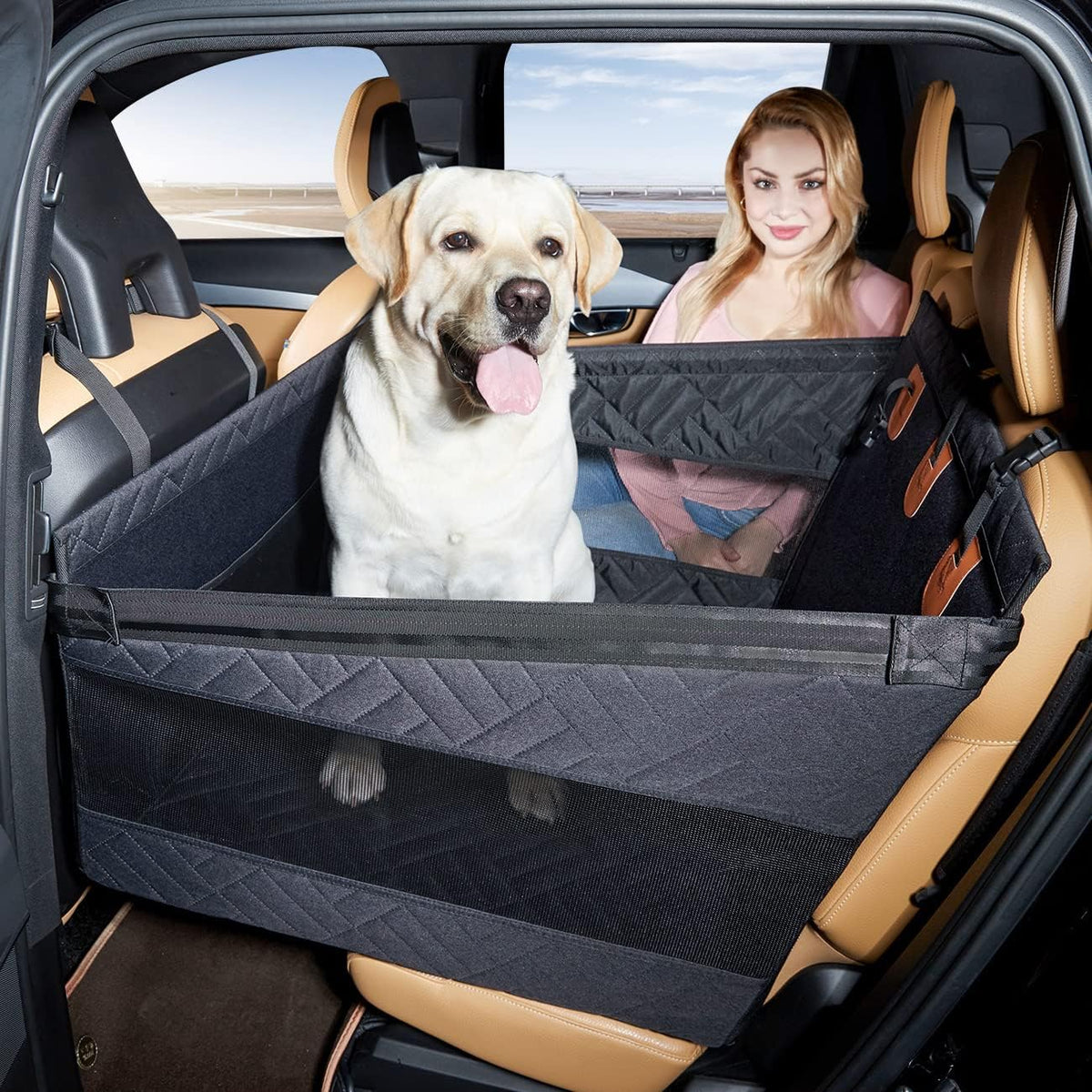 Large Dog Car Seat,Back Seat Extender for Dogs,Hard Bottom Seat Cover | Waterproof,Pet Hammock Suitable for Large,Medium,Small Dogs,Pet Seats Protector for Sedan, SUV and Truck,Black-L