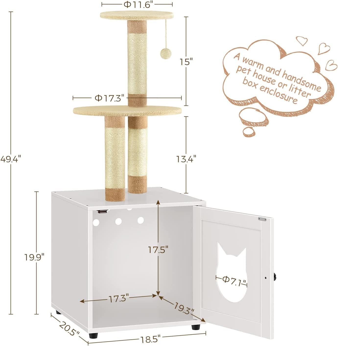 Cat Litter Box Enclosure with Litter Box Enclosure, Furniture with Tree Tower and Condo, Indoor House with Sisal Scratching Post and Soft Plush Perch, White