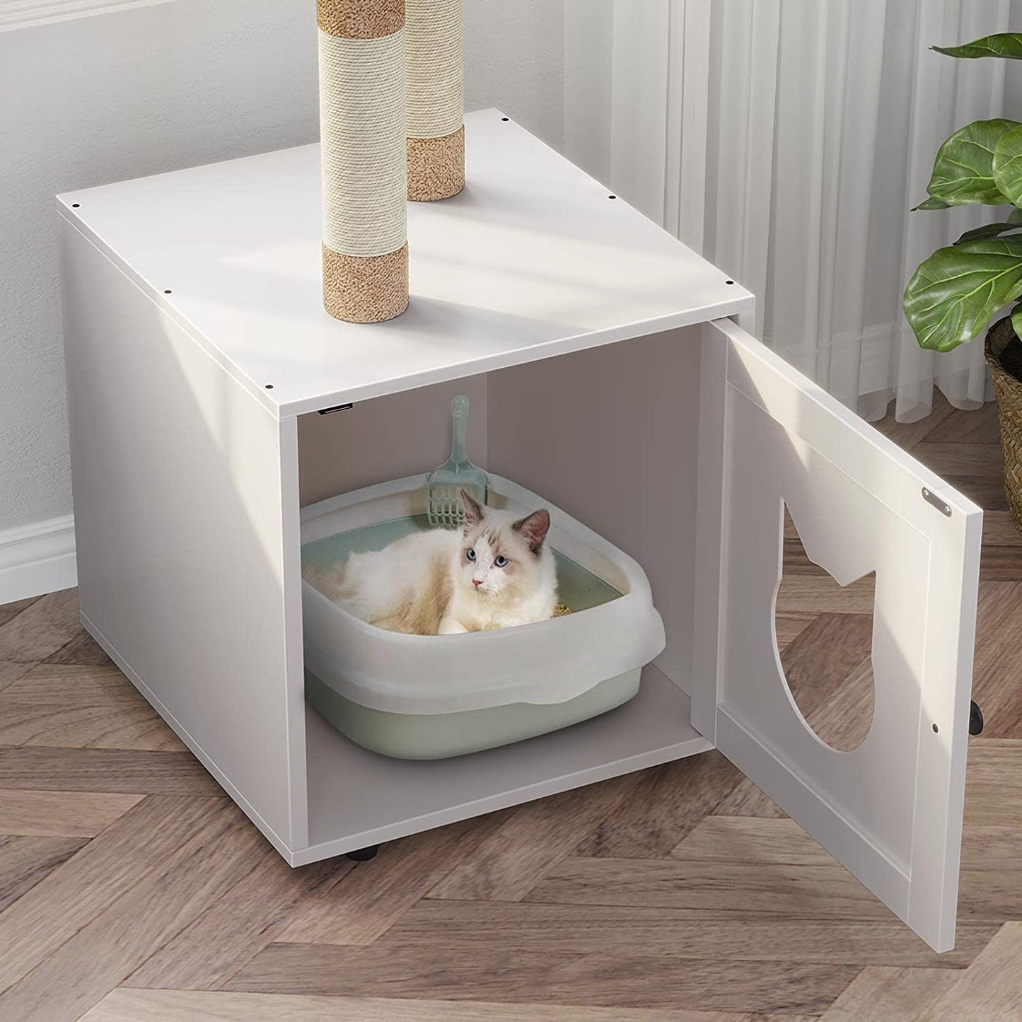 Cat Litter Box Enclosure with Litter Box Enclosure, Furniture with Tree Tower and Condo, Indoor House with Sisal Scratching Post and Soft Plush Perch, White