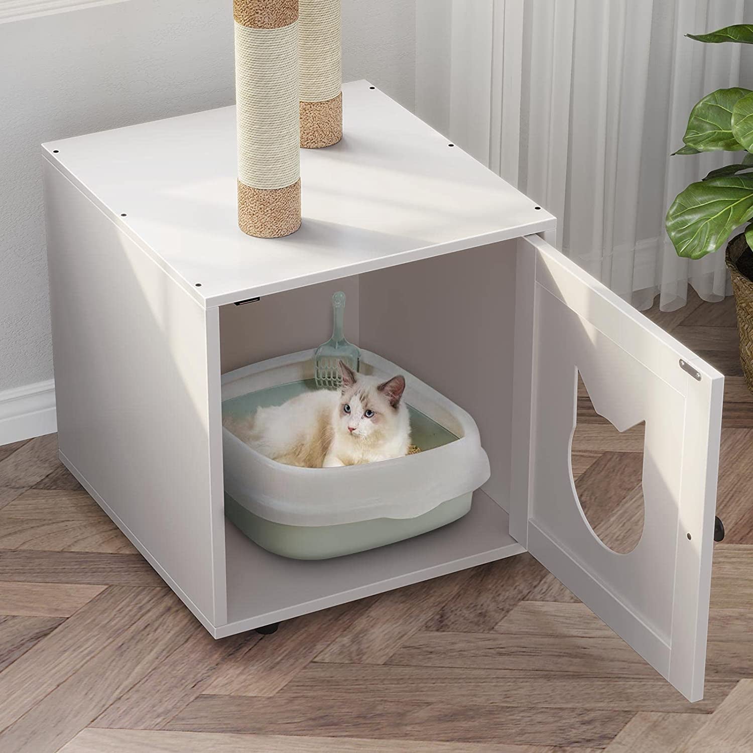 Cat Litter Box Enclosure with Litter Box Enclosure, Furniture with Tree Tower and Condo, Indoor House with Sisal Scratching Post and Soft Plush Perch, White