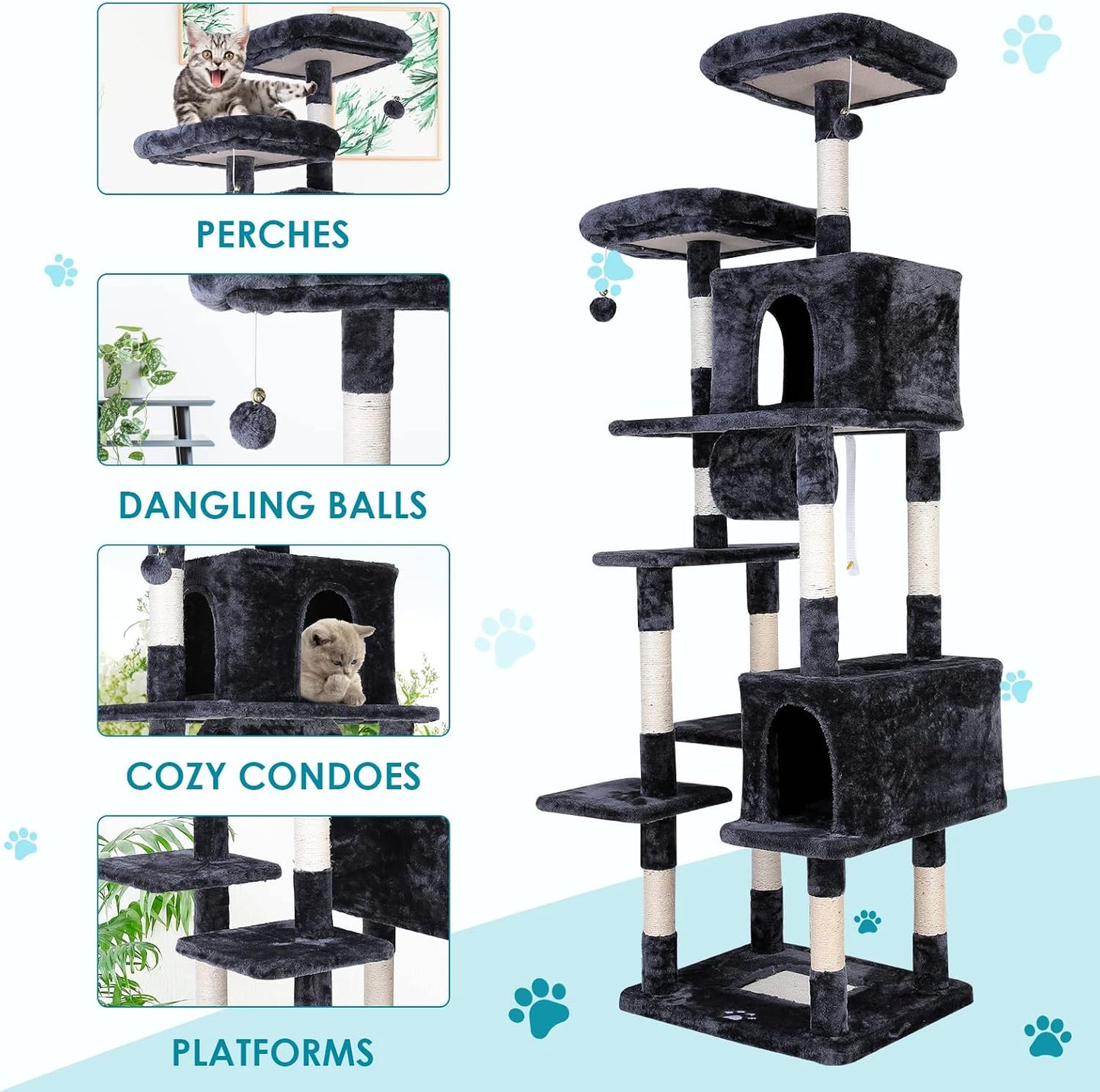 80 Inches Multi-Level Large Cat Tree, Heavy Duty Cat Tower Condo Furniture Kitten Activity Play House, with Hammock, Anti-Toppling Device & Scratching Posts Toys for Kittens & Big Cats (Grey)