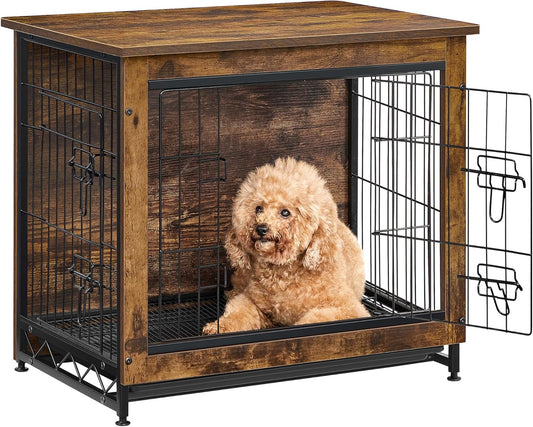 27.2" Dog Crate Furniture, Indoor Dog Cage Side End Table, M Pet Wood Kennel for Medium and Small Dogs up to 30 Lb with Multi-Purpose Removable Tray, Double-Door Pet House, Rustic Brown