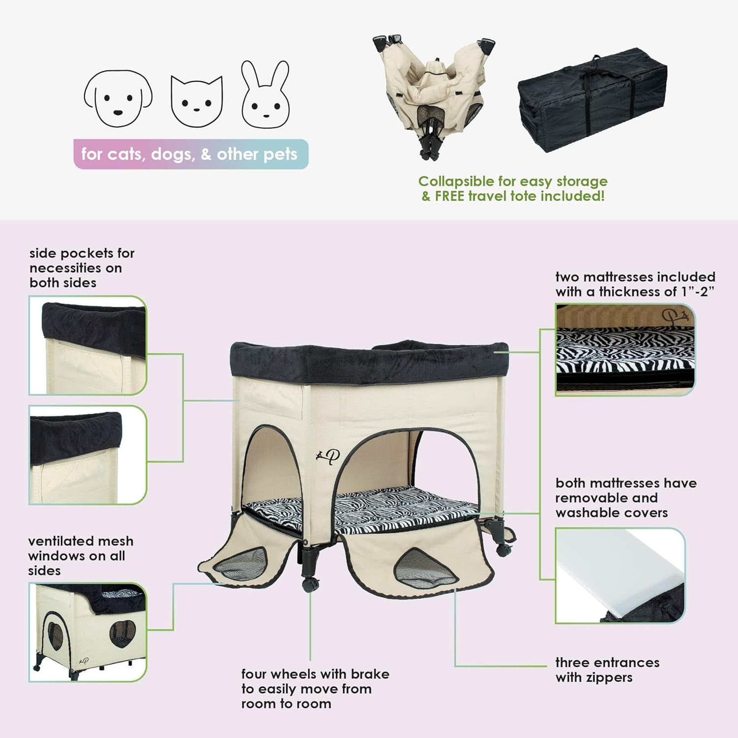 Bedside Lounge Pet Bed, Raised Bunk Bed for Medium Size Pets for Cats & Dogs, Zebra Vibes Design