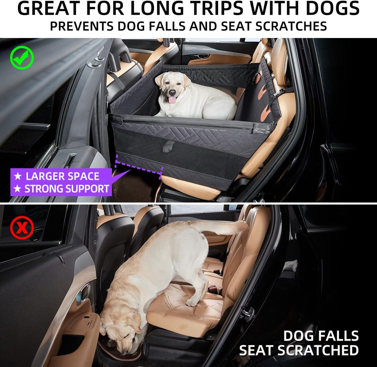 Large Dog Car Seat,Back Seat Extender for Dogs,Hard Bottom Seat Cover | Waterproof,Pet Hammock Suitable for Large,Medium,Small Dogs,Pet Seats Protector for Sedan, SUV and Truck,Black-L