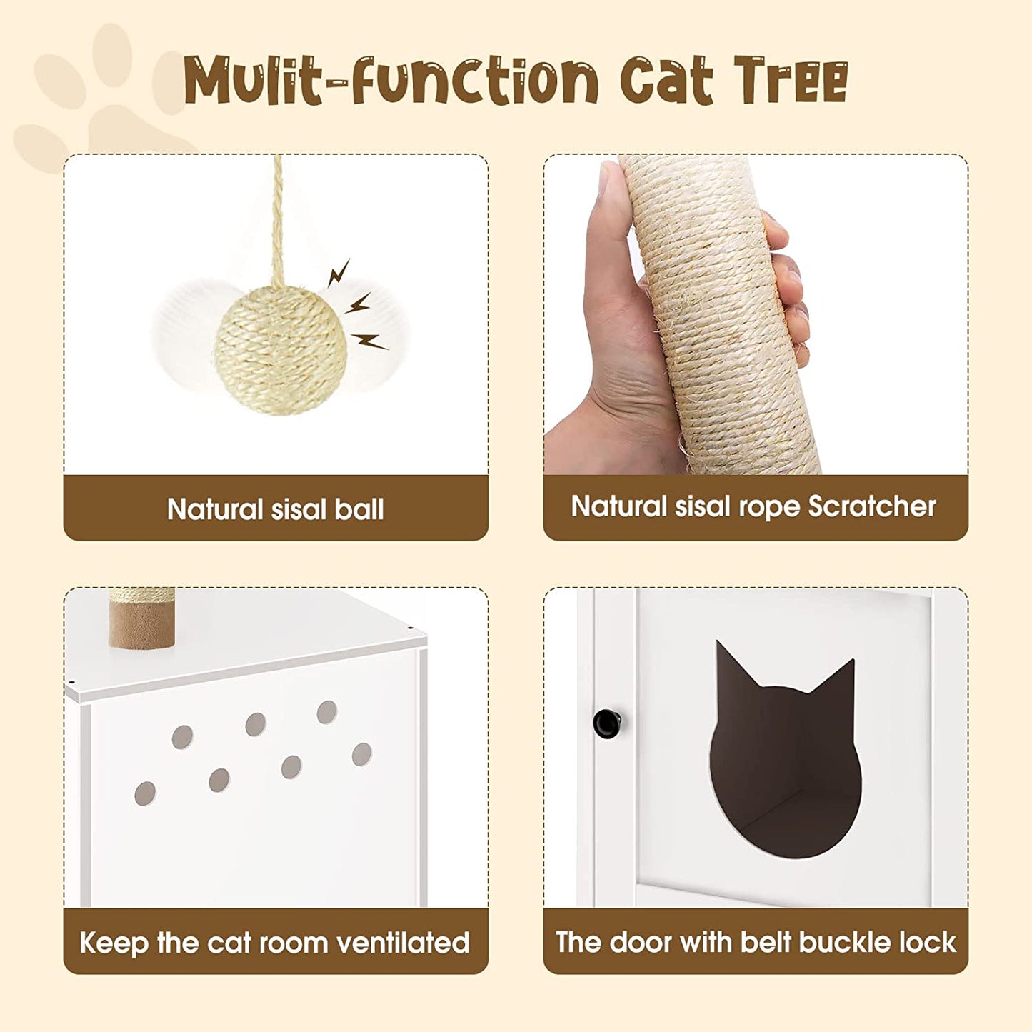 Cat Litter Box Enclosure with Litter Box Enclosure, Furniture with Tree Tower and Condo, Indoor House with Sisal Scratching Post and Soft Plush Perch, White
