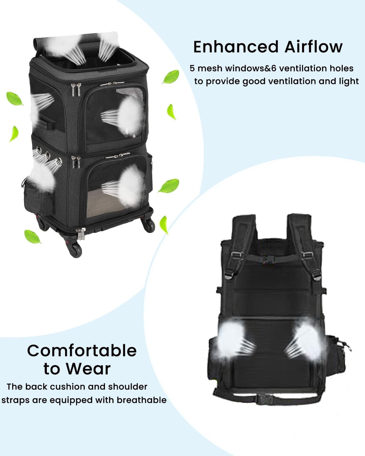 Double-Compartment Cat Carrier Backpack with Wheels for Two Pets | Pet Rolling Carrier for Smalls Cat and Dogs, Perfect for Traveling / Walking/ Vet, up to 12 Lbs Each, Black