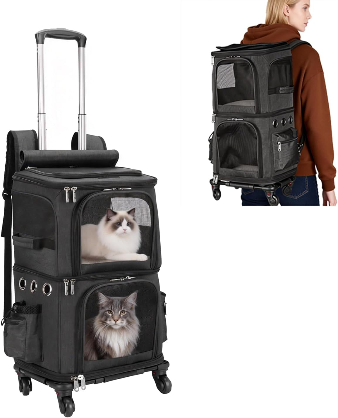 Double-Compartment Cat Carrier Backpack with Wheels for Two Pets | Pet Rolling Carrier for Smalls Cat and Dogs, Perfect for Traveling / Walking/ Vet, up to 12 Lbs Each, Black
