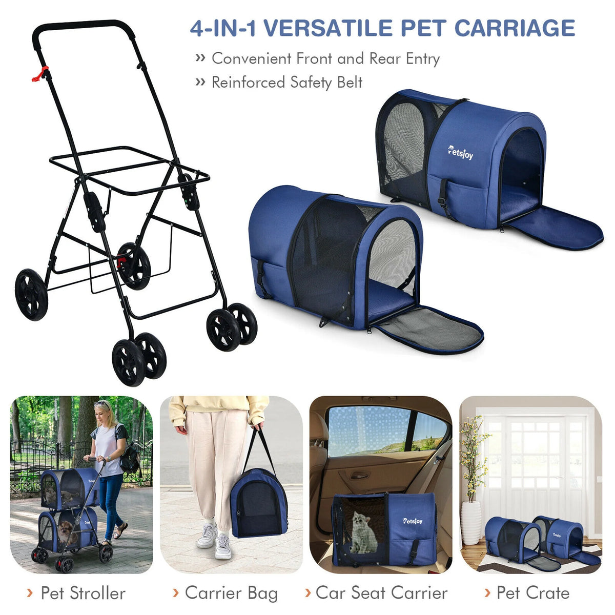 4-In-1 Double Pet Stroller W/ Detachable Carrier Travel Carriage for Cats Blue