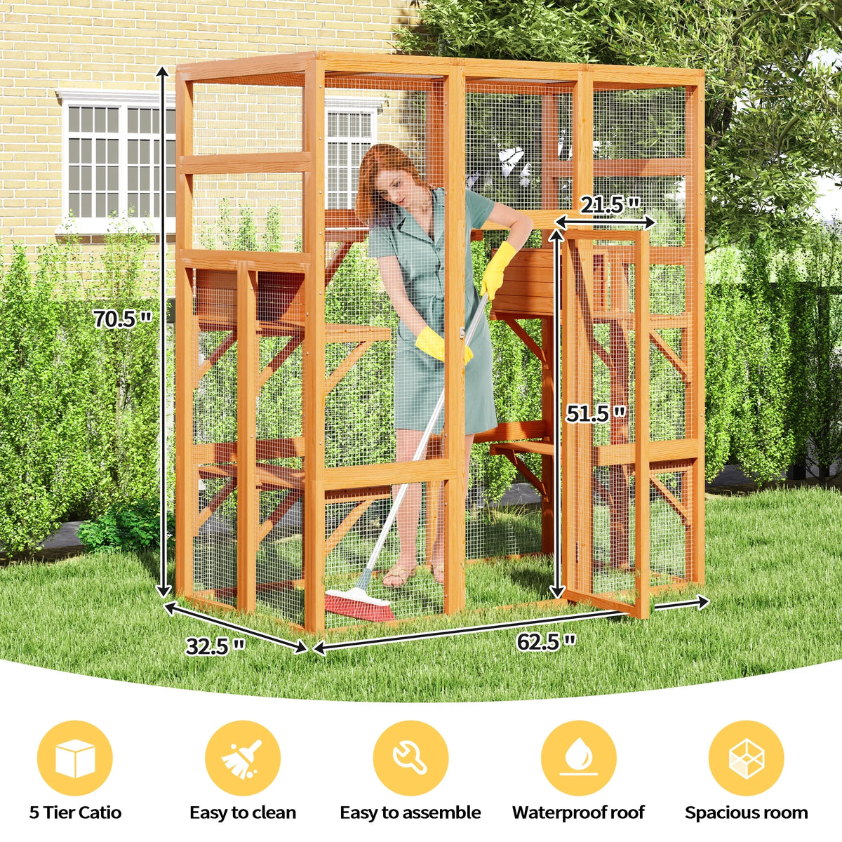 Large Catio Wooden Cat Enclosure Catio Cat Cage Outdoor Pet House Small Animal Hutch, Orange