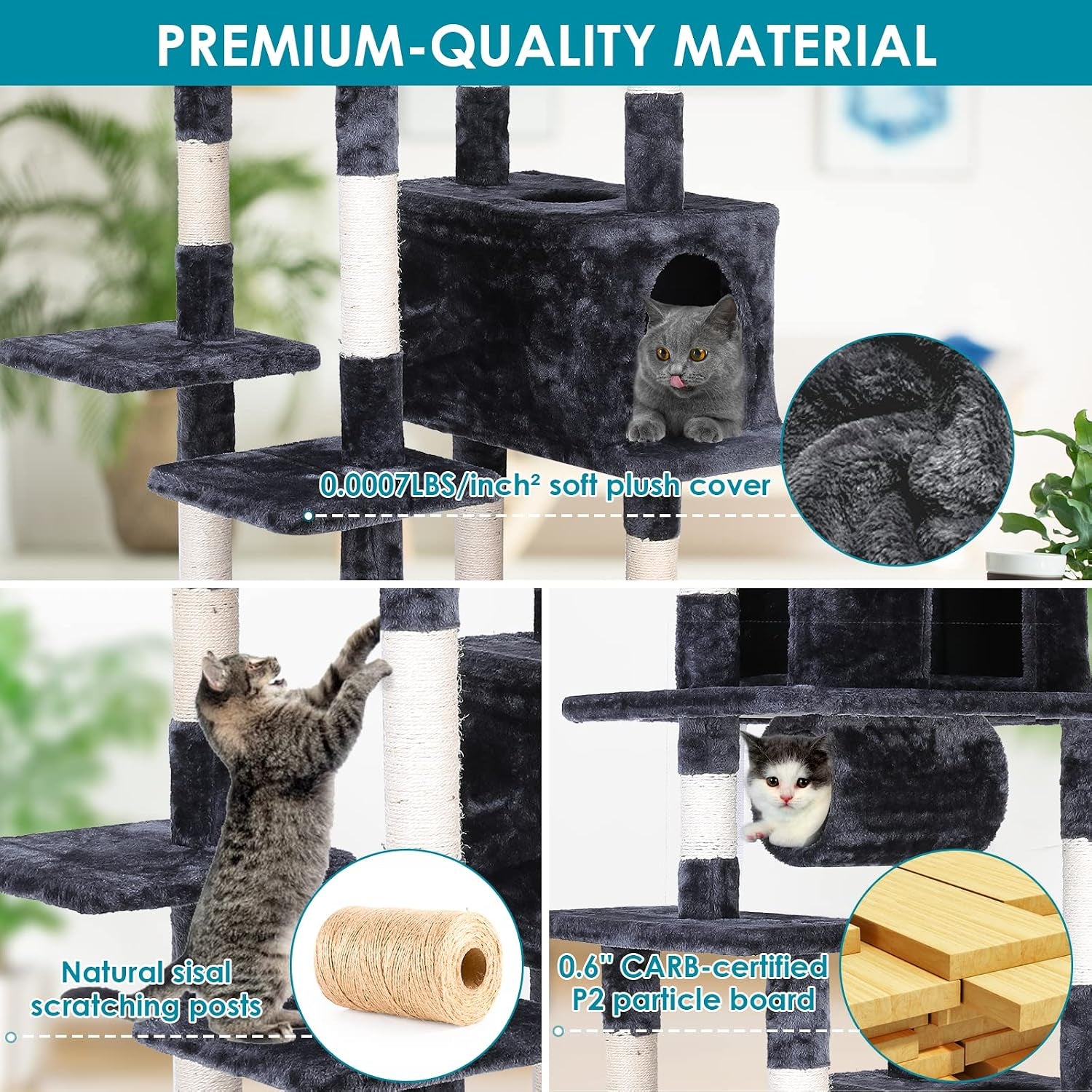 80 Inches Multi-Level Large Cat Tree, Heavy Duty Cat Tower Condo Furniture Kitten Activity Play House, with Hammock, Anti-Toppling Device & Scratching Posts Toys for Kittens & Big Cats (Grey)