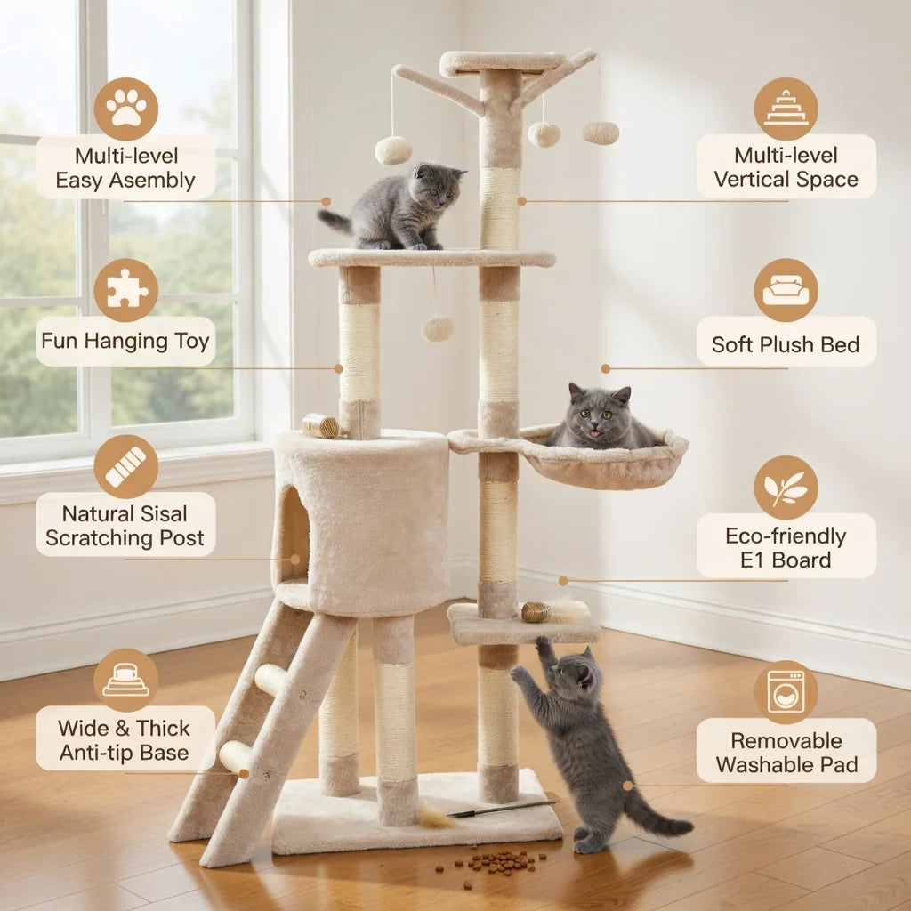 56" Cat Tree Tower for Indoor Cats with Ladder, Scratching Posts Cat Condo for Multiple Cats Jump Platform Cat Furniture Activity Center, Beige
