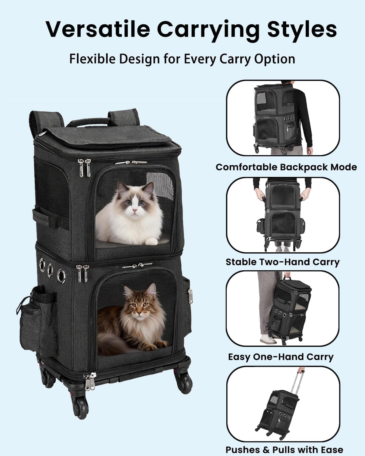 Double-Compartment Cat Carrier Backpack with Wheels for Two Pets | Pet Rolling Carrier for Smalls Cat and Dogs, Perfect for Traveling / Walking/ Vet, up to 12 Lbs Each, Black