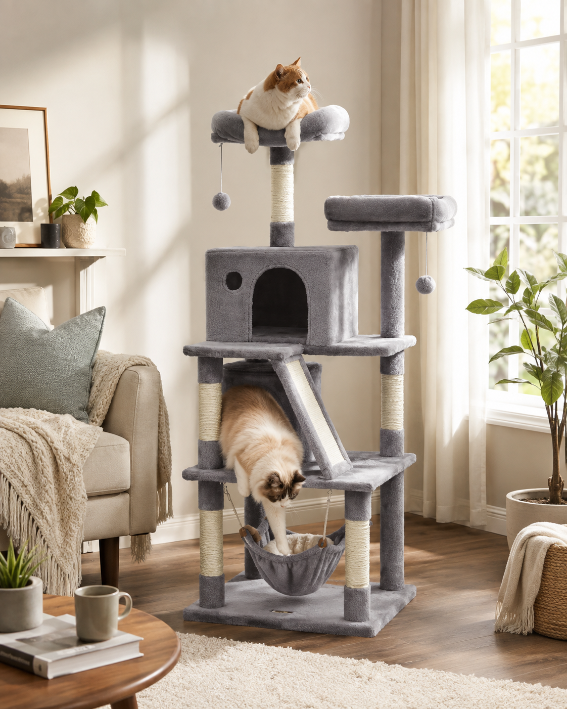 Cat Tree, Cat Tower with 2 Cat Caves, Hammock, 61 Inches, Cat Activity Center with Scratching Posts and Board, Light Gray UPCT163W01