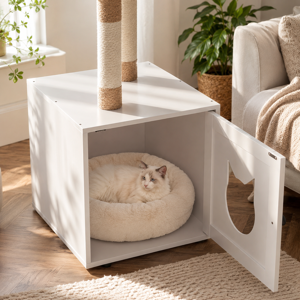 Cat Litter Box Enclosure with Litter Box Enclosure, Furniture with Tree Tower and Condo, Indoor House with Sisal Scratching Post and Soft Plush Perch, White