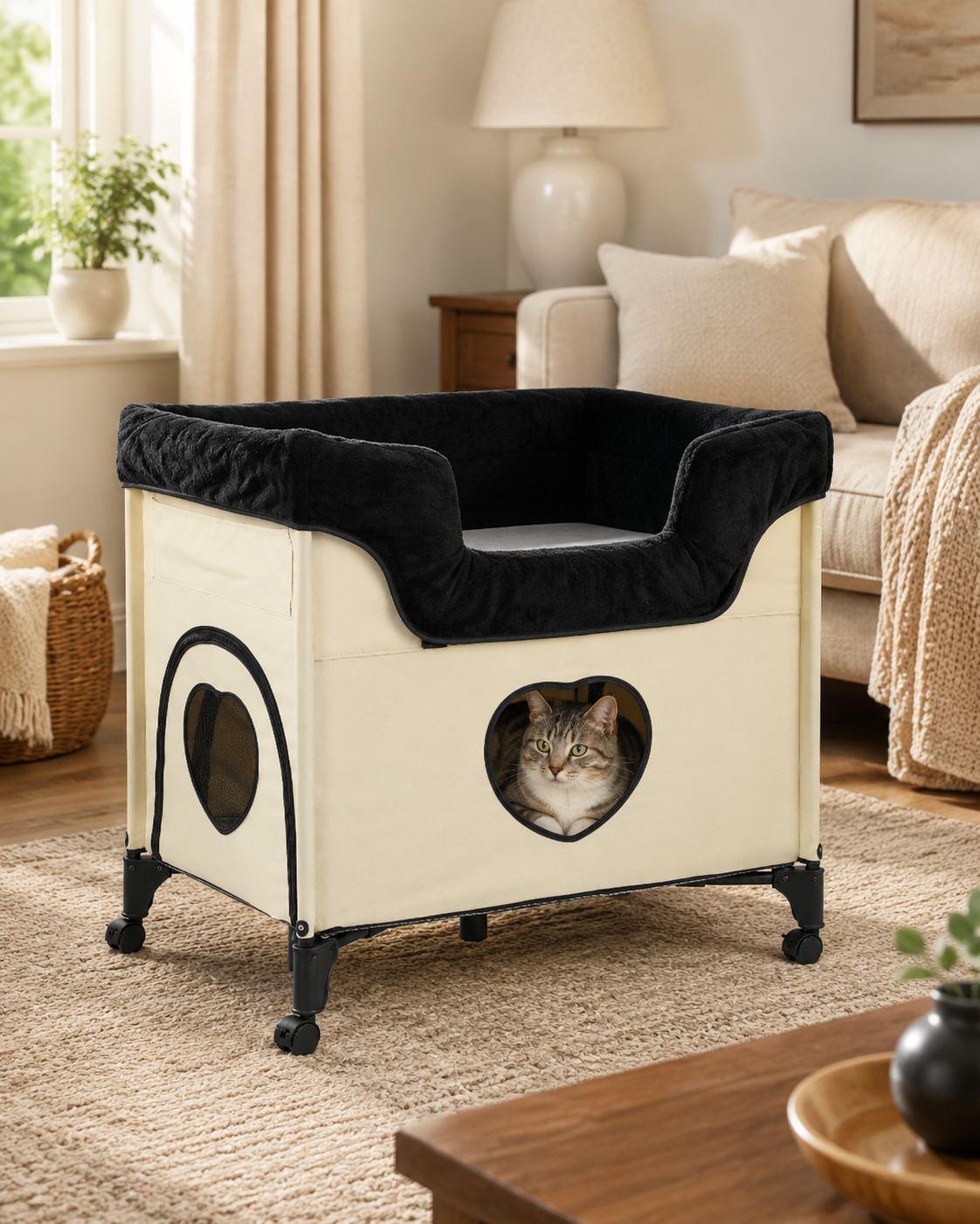 Bedside Lounge Pet Bed, Raised Bunk Bed for Medium Size Pets for Cats & Dogs, Zebra Vibes Design