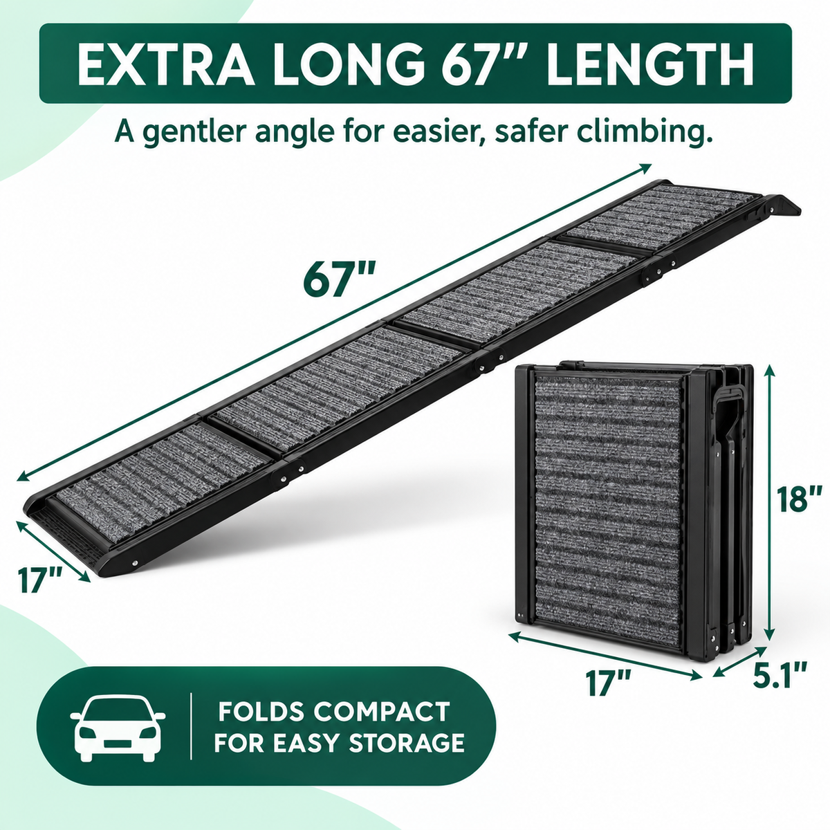 67" Foldable Dog Ramps for Large Dogs, Dog Car Ramp with Non-Slip Rug Surface, Pet Ramp Stairs Portable,Dog Steps for Medium & Large Dogs up to 220 LBS Get into a Car, SUV & Truck