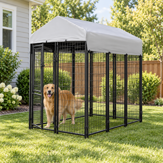 Welded Wire Dog Kennel, Indoor & Outdoor Use, Waterproof Cover Included, Black, 6Ft X 4Ft X 6Ft