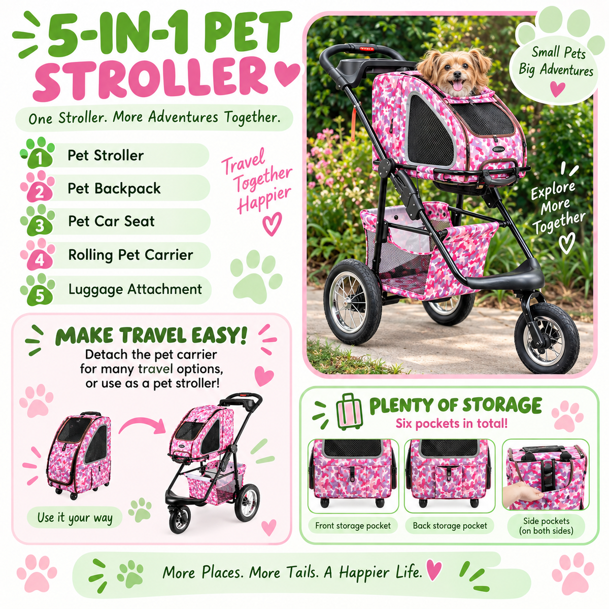 5-In-1 Complete Travel System pet Carrier and pet Stroller - Pink Camo (Army Camo)