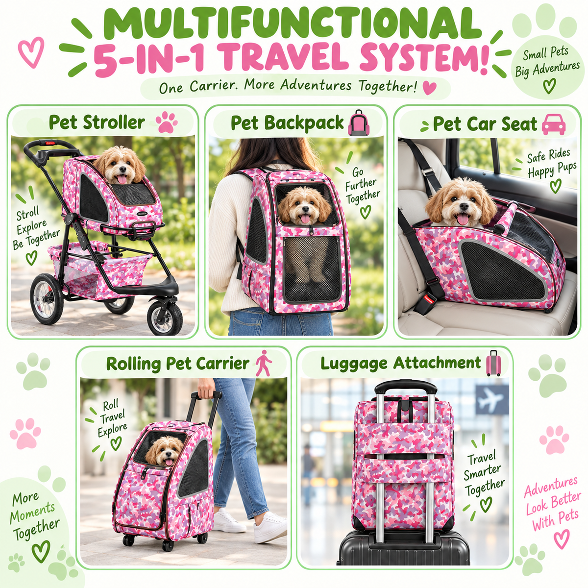 5-In-1 Complete Travel System pet Carrier and pet Stroller - Pink Camo (Army Camo)