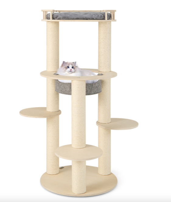 5-Level Wooden Cat Tree with Padded Perch Non-Woven Hammock