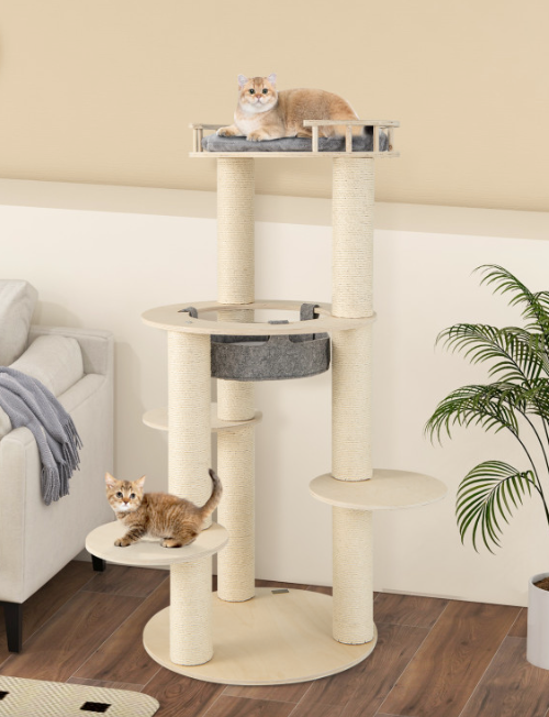 5-Level Wooden Cat Tree with Padded Perch Non-Woven Hammock