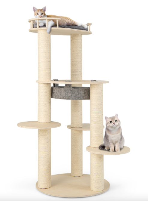 5-Level Wooden Cat Tree with Padded Perch Non-Woven Hammock