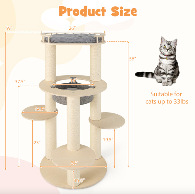 5-Level Wooden Cat Tree with Padded Perch Non-Woven Hammock
