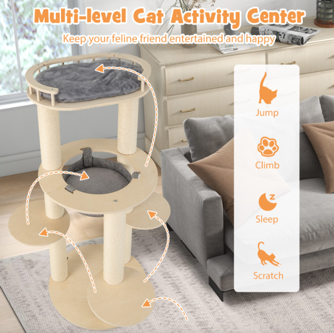 5-Level Wooden Cat Tree with Padded Perch Non-Woven Hammock