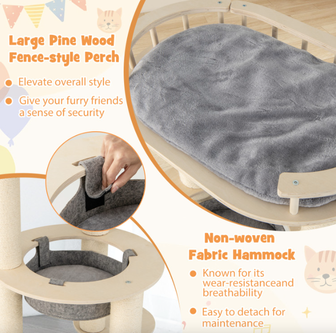 5-Level Wooden Cat Tree with Padded Perch Non-Woven Hammock