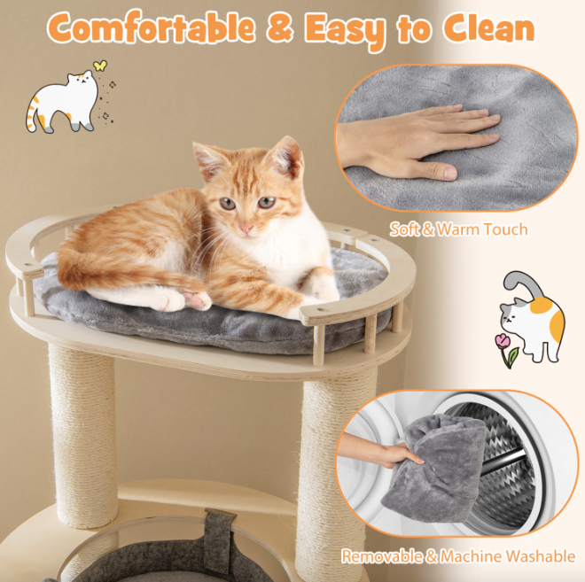 5-Level Wooden Cat Tree with Padded Perch Non-Woven Hammock