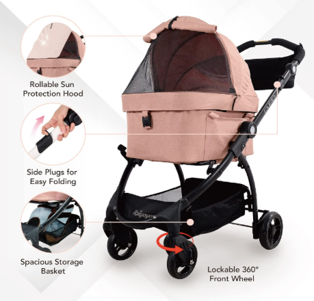 3-In-1 Travel System - Pet Stroller, Carrier, Bag for Small Dogs, Medium Dogs, Cats - Lightweight, 44 Lbs - Coral Pink