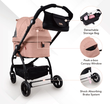 3-In-1 Travel System - Pet Stroller, Carrier, Bag for Small Dogs, Medium Dogs, Cats - Lightweight, 44 Lbs - Coral Pink